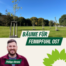 neu gepflanzte Bäume auf einer Wiese, Portrait Philipp Ahrens, Text: Bäume für Fennphul Ost