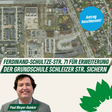 Luftbild der Ferdinand-Schultze-Straße, Portrait Paul Meyer-Dunker, Text: Ferdinand-Schultze-Straße 71 für Erweiterung der Grundschule Schleizer Straße sichern