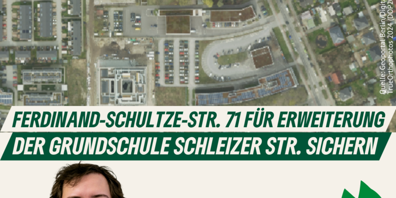 Luftbild der Ferdinand-Schultze-Straße, Portrait Paul Meyer-Dunker, Text: Ferdinand-Schultze-Straße 71 für Erweiterung der Grundschule Schleizer Straße sichern