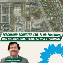 Luftbild der Ferdinand-Schultze-Straße, Portrait Paul Meyer-Dunker, Text: Ferdinand-Schultze-Straße 71 für Erweiterung der Grundschule Schleizer Straße sichern