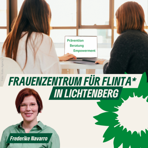 zwei Frauen führen eine Beratungsgespräch, Portrait Frederike Navarro, Text: Frauenzentruam für FLINTA* in Lichtenberg