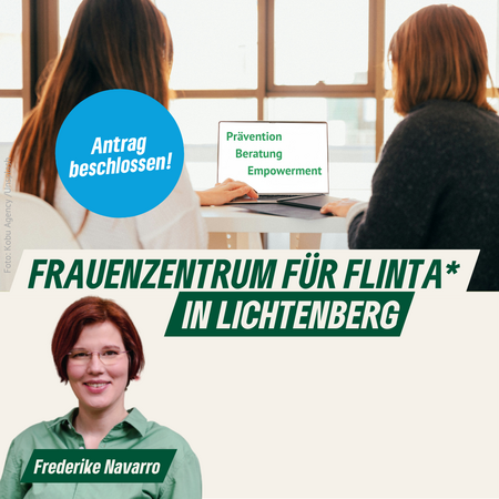 zwei Frauen führen eine Beratungsgespräch, Portrait Frederike Navarro, Text: Frauenzentruam für FLINTA* in Lichtenberg