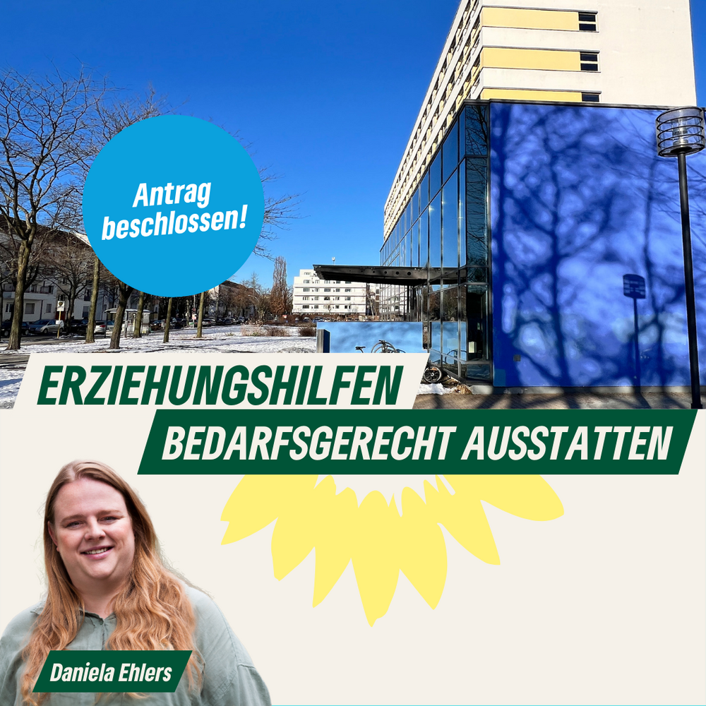 Jugendamt Lichtenberg, ein Hochhaus, davor ein kleineres blaues Gebäuden, ein Porträt von Daniela Ehlers