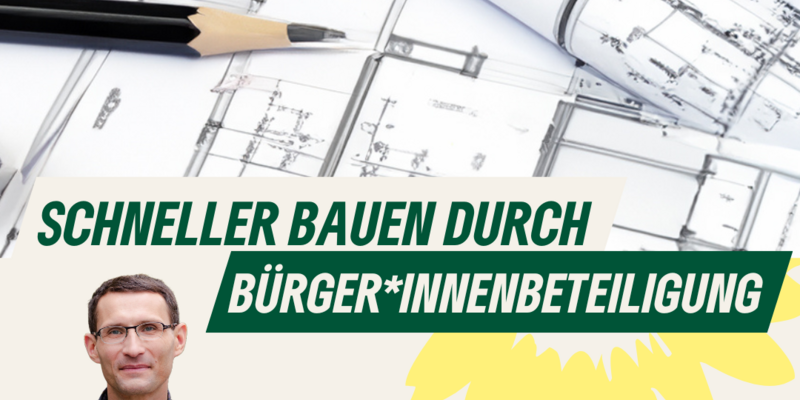 Bauplan, Bleistift, Portrait Robert Pohle, Text: Schneller bauen durch Bürger*innenbeteiligung