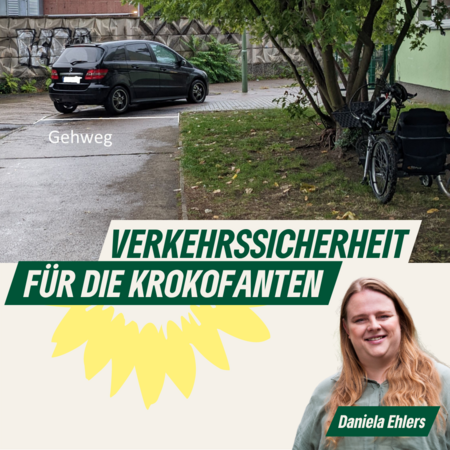 Ein Auto parkt einen Gehweg zu. Porträt von Daniela Ehlers.