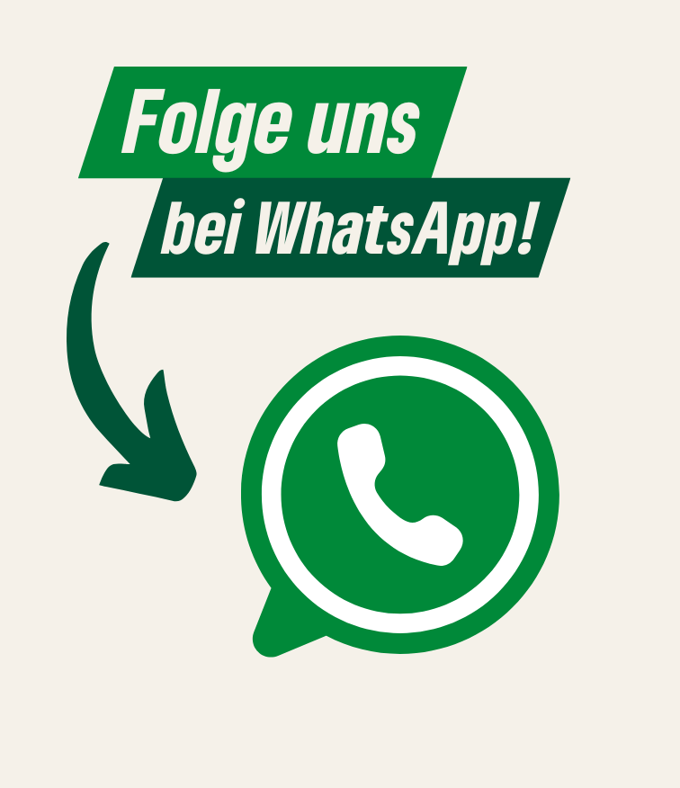 Ein Schriftzug "Folge uns bei Whatsapp", von dem ein Pfeil auf einen Telefonhörer in einer runden Sprechblase zeigt.