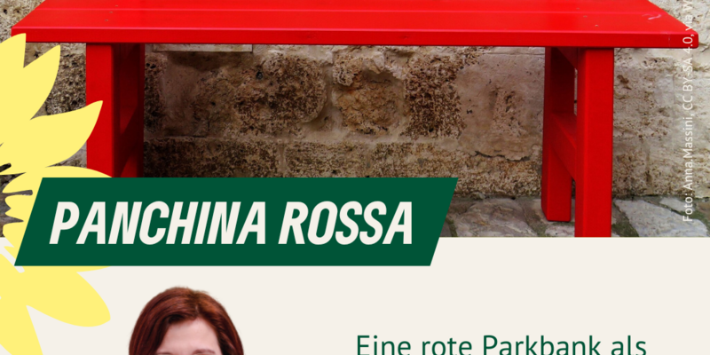 eine rote Sitzbank mit italienischer Aufschrift, Portrait Frederike Navarro, Text:  Panchina Rossa - eine rote Parkbank als Mahnmal für Femizide und Gewalt an Frauen