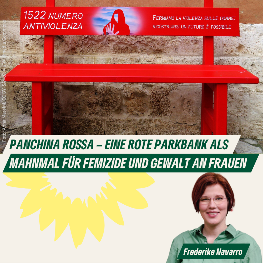 eine rote Sitzbank mit italienischer Aufschrift, Portrait Frederike Navarro, Text: Panchina Rossa - eine rote Parkbank als Mahnmal für Femizide und Gewalt an Frauen