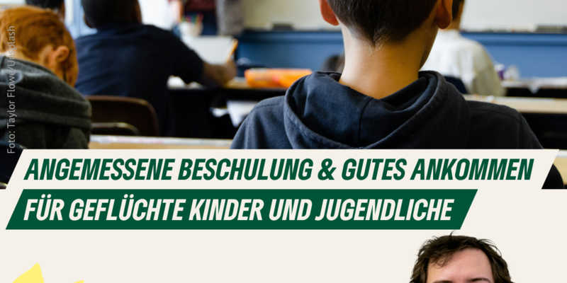 Schüler*innen in einem Klassenraum, Portrait Paul Meyer-Dunker, Text: Angemessene Beschulung & gutes Ankommen für Geflüchtete Kinder und Jugendliche