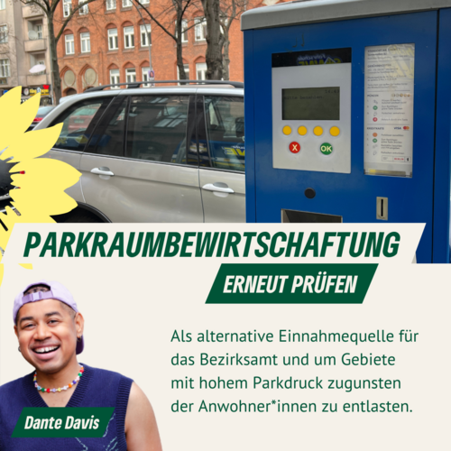 Ein Parkscheinautomat vor parkenden Autos, Porträt von Dante Davis