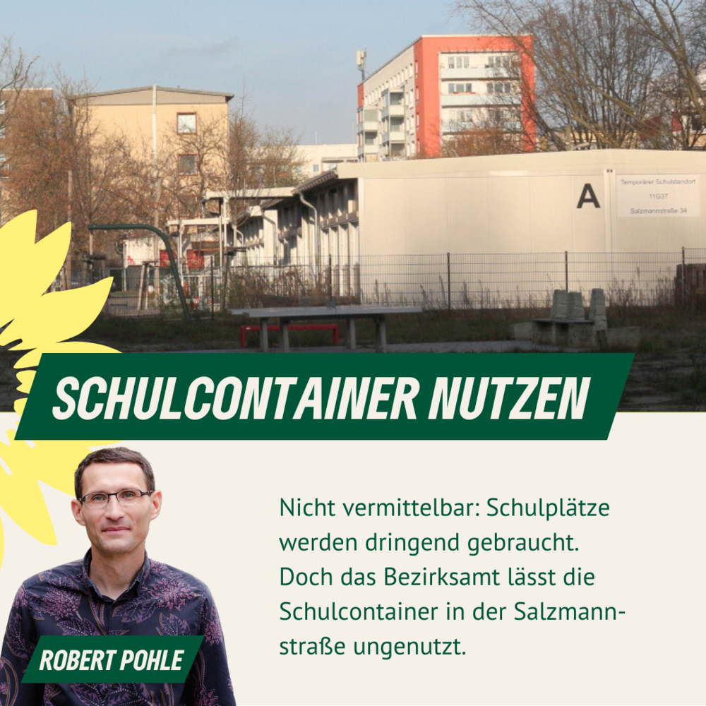 Schulcontainer, davor ein Porträt von Robert Pohle